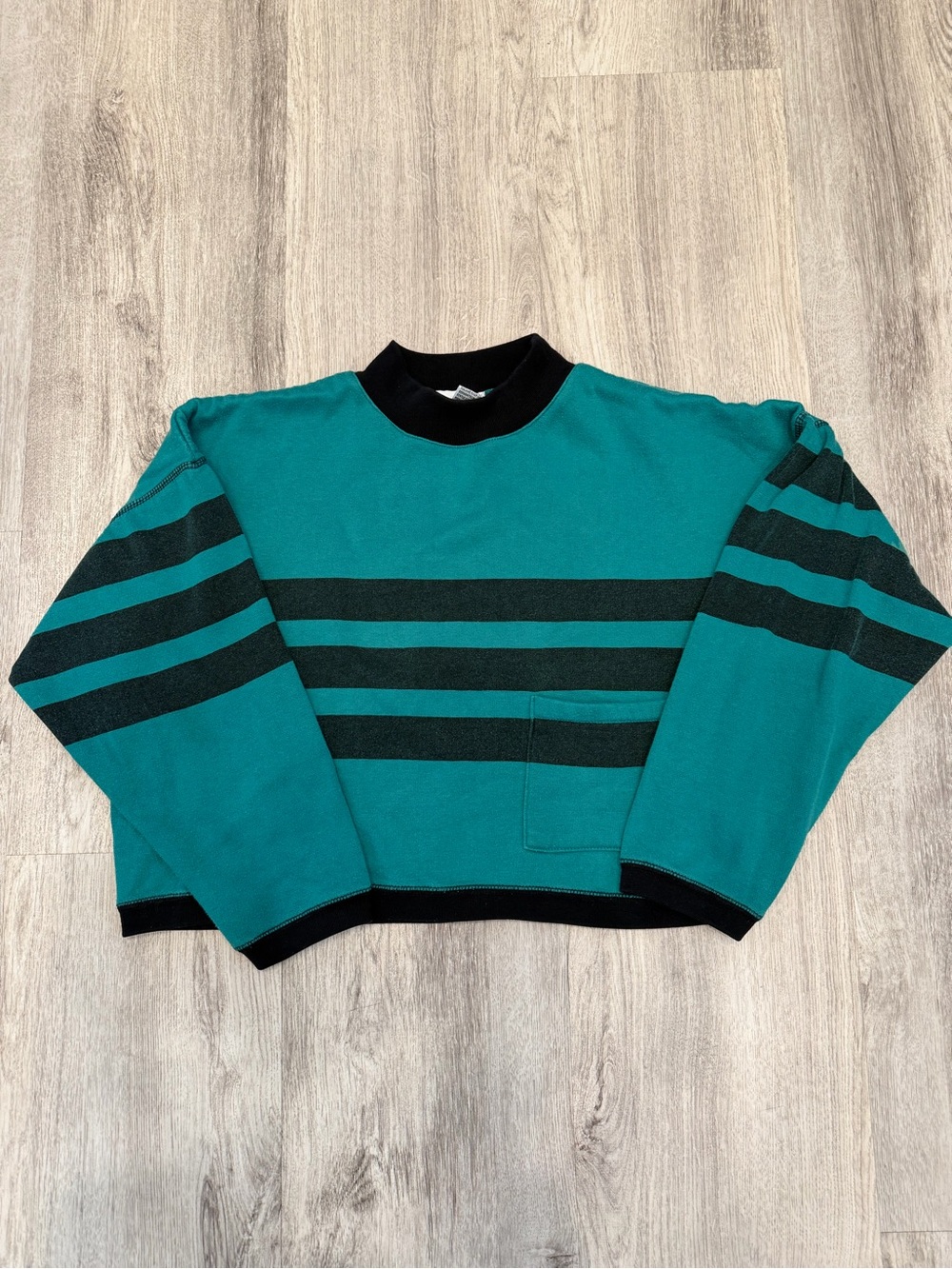 Vintage E.Z. Spirit Large Teal Black Striped Cropped Sweatshirt 80s 90s